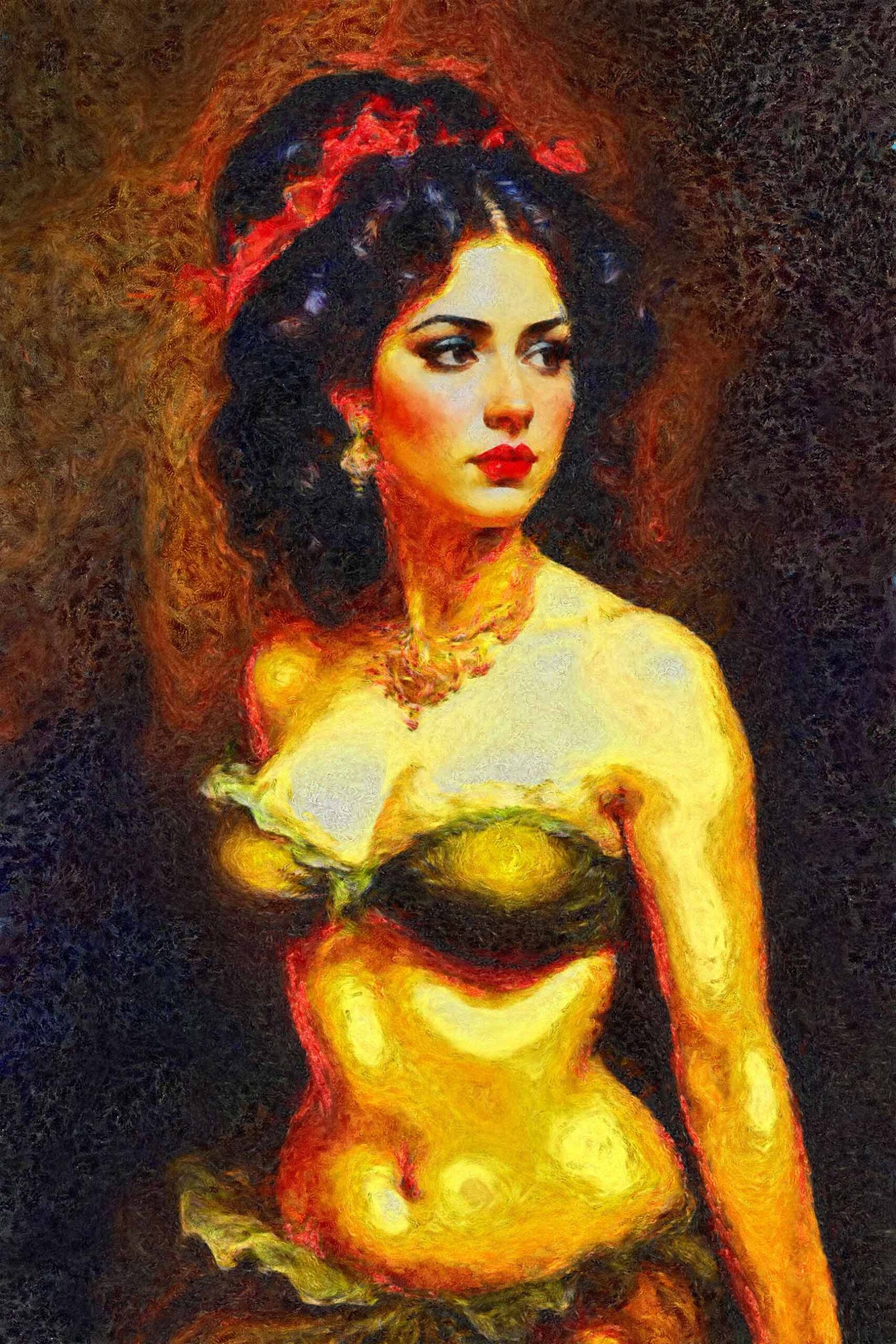 "Crimson Grace" – Van Gogh Style Digital Portrait of Elegance and Mystery - Image 2